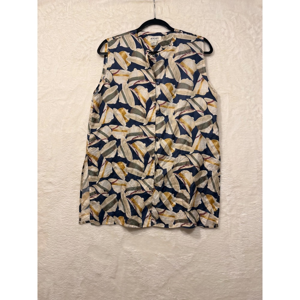 Bogari Womens 100% Silk Sleeveless Button Up Blouse Blue Hat Print Size‎ Medium